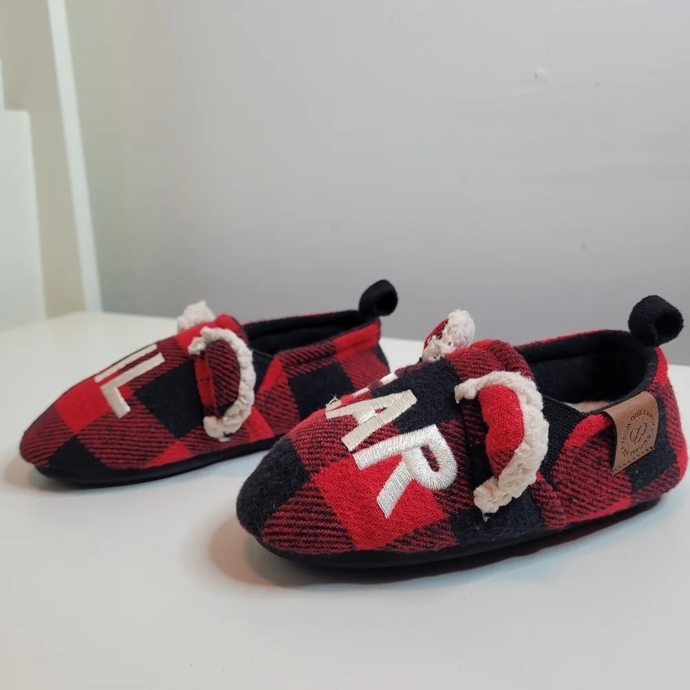 DF by Dearfoams Lil Bear Faux Fur Plaid Unisex Slippers Size 9-10 Toddler